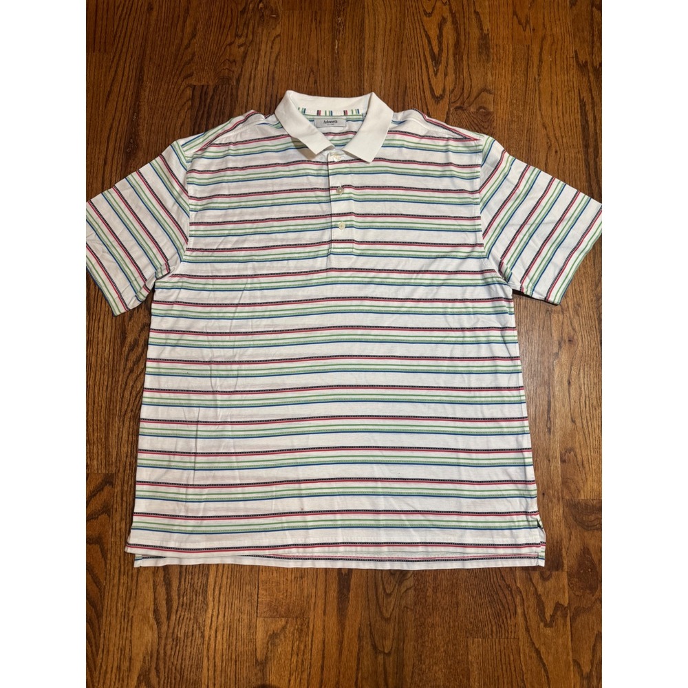 Ashworth Mens XL Pima Cotton Striped Polo Shirt Short Sleeve White Multicolor‎